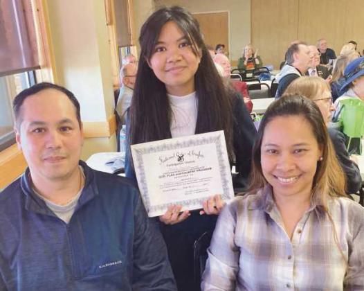 Rossford High School freshman, Amanda Bautista, placed second in the Eagles Zone Conference, God, Flag and Country oratory contest in Celina, Ohio, on April 13. She previously placed first at the Rossford Aerie 2322 with her speech regarding the flag. Pictured above is Amanda, accompanied by her parents. Contact Debbie Zuchowski at 419-442-1453, with questions or to discuss interest in entering next year’s competition.