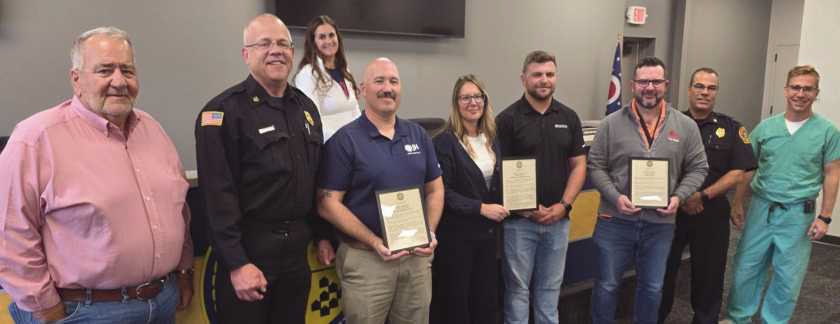 From left: Trustee Joe Schaller, Fire Chief Tom Brice, Fiscal Officer Gretchen Welch, Sam Peras (Jones-Hamilton Co.), Melissa Madson and Bryce Eisel (Cardinal Aggregates), Jason Mesteller (First Solar), Deputy Fire Chief Jim Rodriguez and Trustee Jeff Moore.