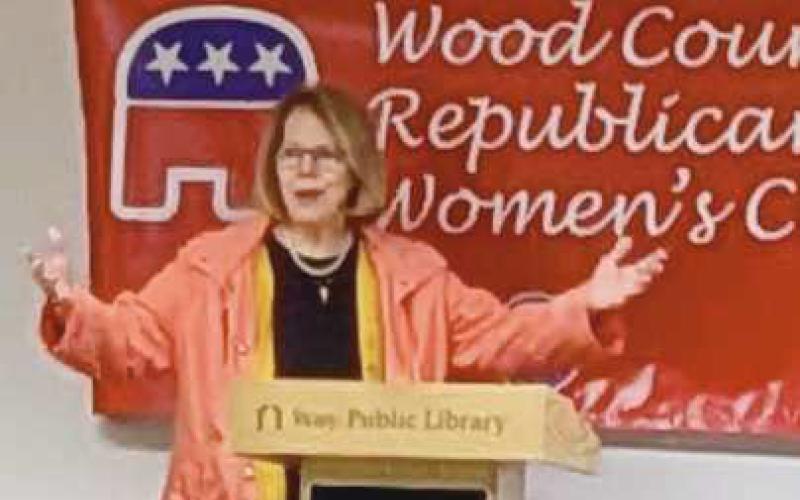 Sue Larimer addressing the Wood County Republican Women’s Club at its October meeting at the Way Public Library, prior to her re-election.
