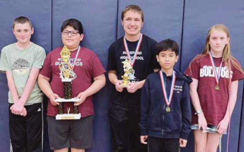 First Place Seventh-Eighth Team, from left: Draven Scott, John Villarreal, Nathan Minor, Bao Nam Dang and Bliss Kretzmar.