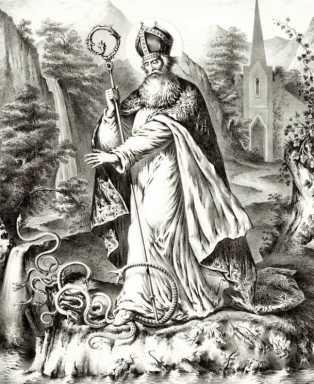 An illustration of St. Patrick banishing snakes from Ireland by unidentified artist, published in the U.S., 1872.