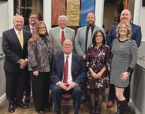 From left, front row: Larry Oberdorf, Caroline Eckel, Mayor Neil MacKinnon III, Rachel Tinney and Brenna Reynolds Back row: Bob Toth, Robert Watrol, Zachary Owen and Ryan Stautzenbach.