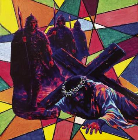 Jesus Falls a First Time, created by artist Jennifer Balogh, is a 12-inch square mixed media piece with black light paints, black marker and photography. Below, The Cross Is Laid on Simon of Cyrene is a 12inch square mixed media with photography on transparency, silkscreen and watercolor by artist Rob Vanitvelt.