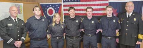 From left: Captain Mike Hampton III; new part-time fire department hires Chance Ruelle, Denim Phillips, Ross Welling, Avery Davis and Kamden Ohrt; Fire Chief Tom Brice.