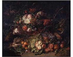 Rachel Ruysch (Dutch, 1664–1750), Flowers and Fruit in a Forest. Oil on canvas, 1714. 38 × 48 1/2 in. (97 × 123.2 cm). Städtische Kunstsammlungen &amp; Museen Augsburg, Karl und Magdalene Haberstock-Stiftung, inv. no. 12580.