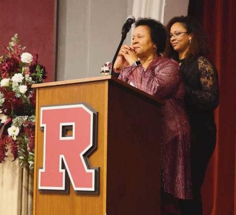Patricia Sloan was recognized as the 2025 RHS Award of Distinction honoree during a ceremony on September 26 in the Rossford Junior-Senior High School Auditorium. Below, from left to right: Patricia’s daughter Crystal Sloan, Patricia Sloan, Patricia’s son Claude E. Sloan IV and Superintendent Dan Creps.