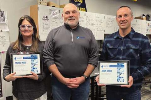 Rachel Hood, Rossford Junior High School science teacher; Doug Miller, District board chairman, and Jason Isaacs, Rossford High School science teacher.