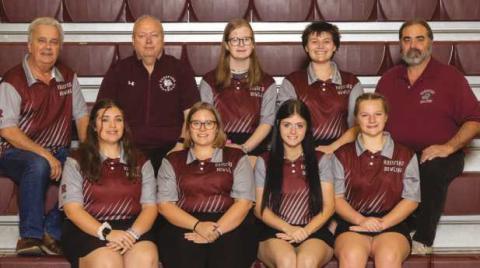 Rossford High School girls varsity bowling team members are, back row, from left: Coach Pinski, Coach Reno, Haley Hall, Kaitlyn Dewey, Coach Baird. Front row: Emilie Herman, Paige Danford, Alex Spears, Cydnee Baney.