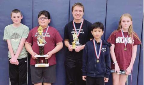 First Place Seventh-Eighth Team, from left: Draven Scott, John Villarreal, Nathan Minor, Bao Nam Dang and Bliss Kretzmar.
