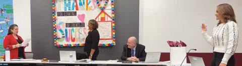 From left: Assistant Treasurer Meagan Conroy, board member Dawn Burks, Superintendent Dan Creps and board member Lori Frymire.