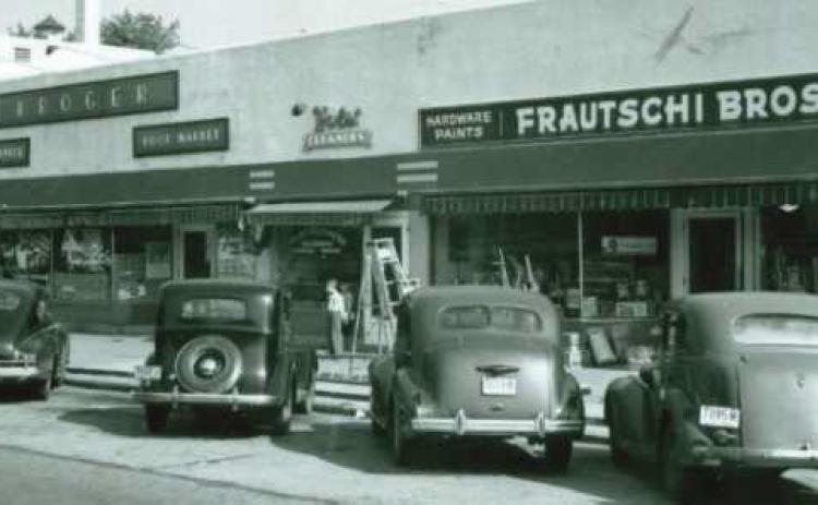 Historic image of Rossford businesses including Kroger and Frautschi Brothers.