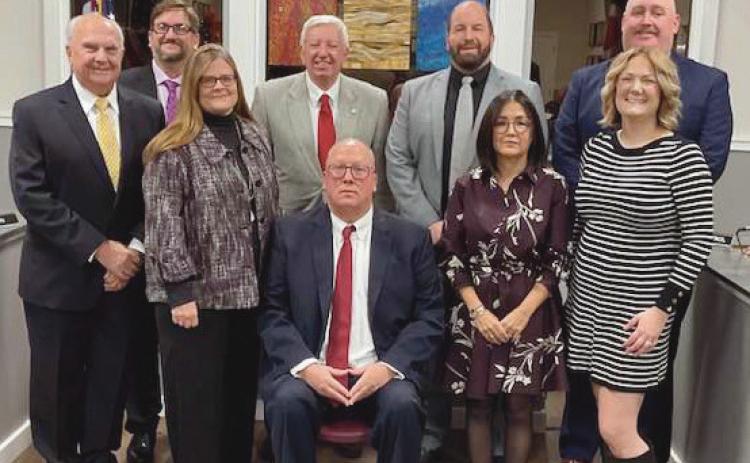From left, front row: Larry Oberdorf, Caroline Eckel, Mayor Neil MacKinnon III, Rachel Tinney and Brenna Reynolds Back row: Bob Toth, Robert Watrol, Zachary Owen and Ryan Stautzenbach.