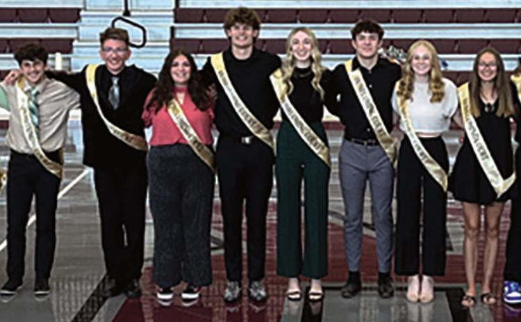 Members of the 2023 RHS Homecoming Court are, from left, freshmen–Michael Dangelo and Brianna Robinson; sophomores–Camille Harmon and Landon Scherer; seniors–Zane Klocko and Emilie Herman, Ty Klocko and Olivia Rust, and Ayden Wilson and Liv Hussar, Serenidy Wertz and Christian Peyton; juniors Zach Gordon and Brianna Alexander.