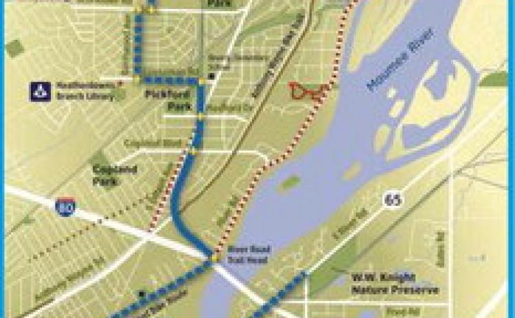 The solid thin line shows the proposed trail leading from the banks of the Maumee River just north of the Ohio Turnpike to W.W. Knight and eventually going to Rossford.