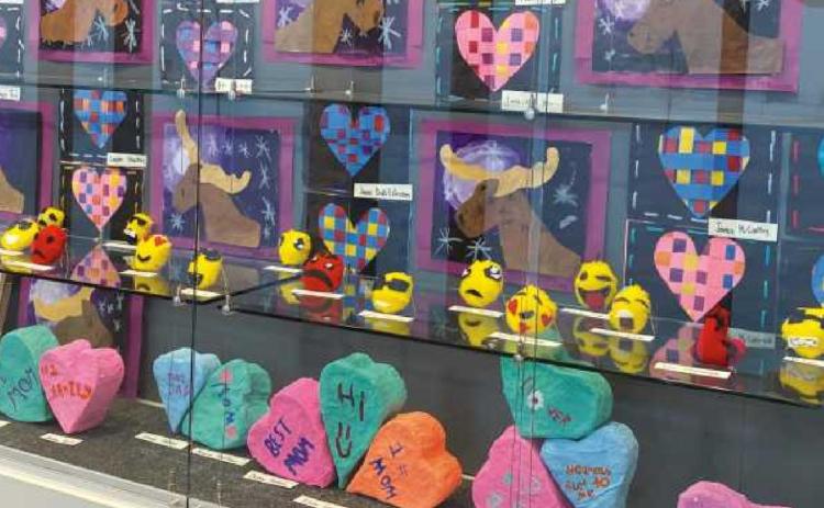 Elementary Valentine art projects on display