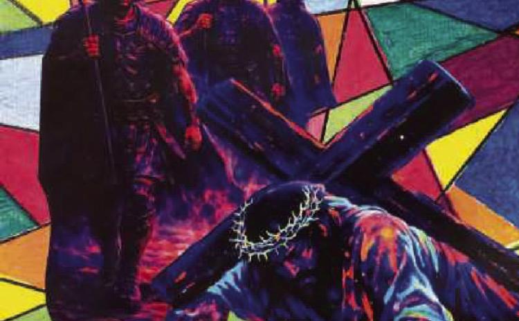 Jesus Falls a First Time, created by artist Jennifer Balogh, is a 12-inch square mixed media piece with black light paints, black marker and photography. Below, The Cross Is Laid on Simon of Cyrene is a 12inch square mixed media with photography on transparency, silkscreen and watercolor by artist Rob Vanitvelt.