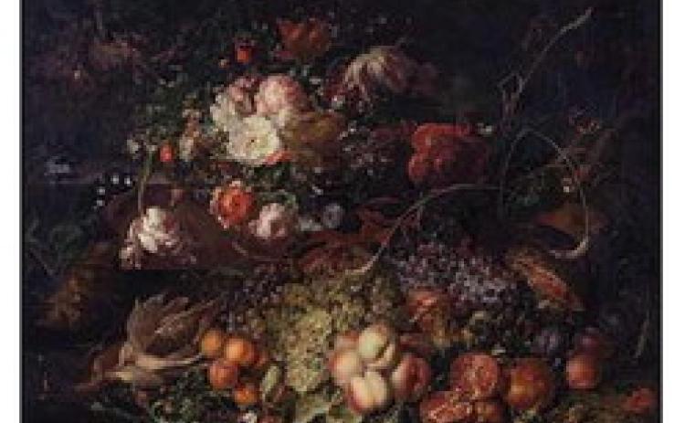 Rachel Ruysch (Dutch, 1664–1750), Flowers and Fruit in a Forest. Oil on canvas, 1714. 38 × 48 1/2 in. (97 × 123.2 cm). Städtische Kunstsammlungen &amp; Museen Augsburg, Karl und Magdalene Haberstock-Stiftung, inv. no. 12580.
