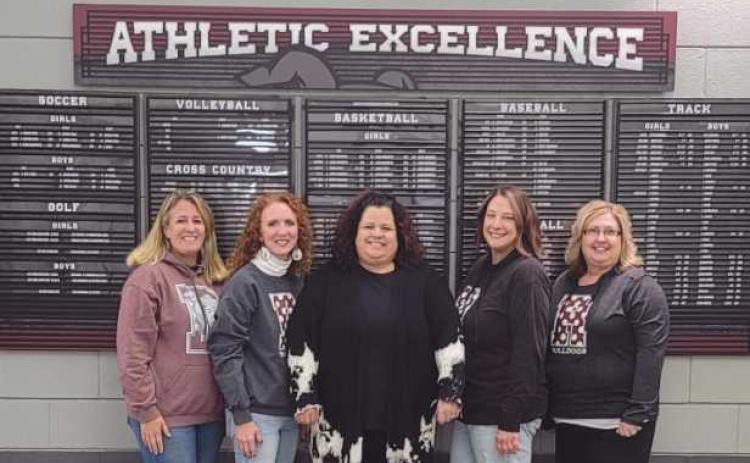 Athletic Booster officers, from left: Kristen Vargo, secretary; Melisa Nusbaum, vice president; Colleen Pierce, previous president; Tara Launder, president; Laura Reiter, treasurer. Not pictured: Cara Neblock, secretary.