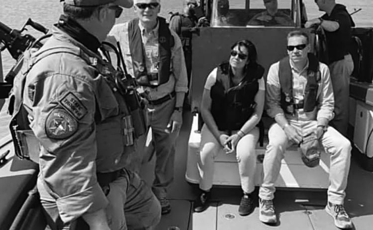 Above, Congressman Latta, standing at left, participated in a river ride-along with the Texas Department of Public Safety. Below, he visited the Donna, Texas migrant processing facility and met with Border Patrol agents.