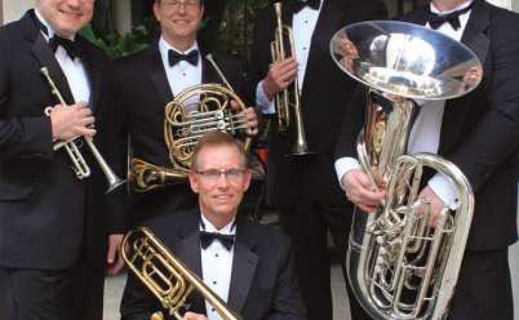 Academy Brass Quintet members are pictured with their instruments.