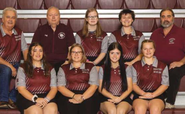 Rossford High School girls varsity bowling team members are, back row, from left: Coach Pinski, Coach Reno, Haley Hall, Kaitlyn Dewey, Coach Baird. Front row: Emilie Herman, Paige Danford, Alex Spears, Cydnee Baney.