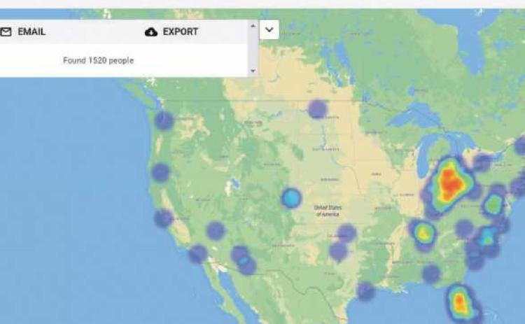 This screenshot from the alumni network website shows where clusters of RHS alumni are located.
