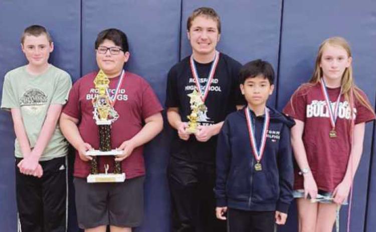 First Place Seventh-Eighth Team, from left: Draven Scott, John Villarreal, Nathan Minor, Bao Nam Dang and Bliss Kretzmar.