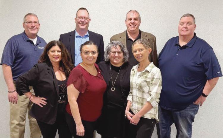 Newly-elected Rossford Area Chamber of Commerce leadership. From left, back row: Director Bruce Parish, Vice President Walter Celley, Director David Dittman and Director Glen Poitinger. Front row: Secretary Allison Bartley, Treasurer Ross Adkins, President Mary Smith and Board Chair Austin Potter.
