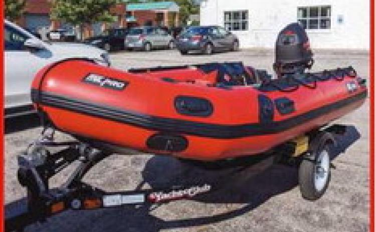 Above is the water rescue craft and trailer the fire department obtained through a grant from Firehouse Subs.