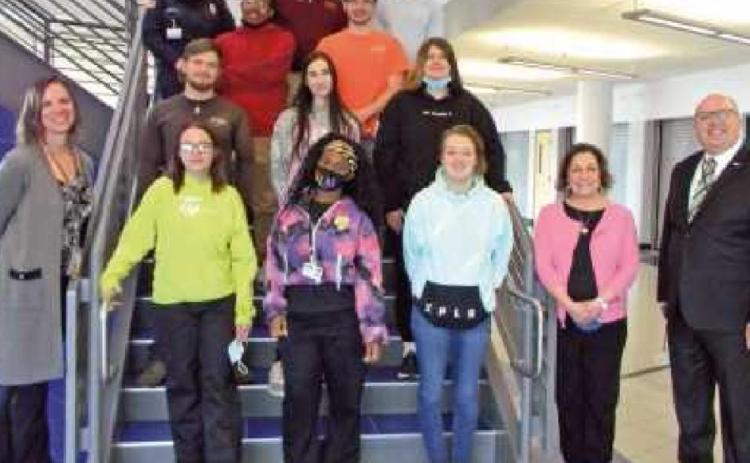 Above are the STRIVE scholarship recipients with Rachel Bernhard, left, assistant supervisor of student affairs at Penta; Rotarian Laura Moore, second from right, and career center director Ryan Lee, right.
